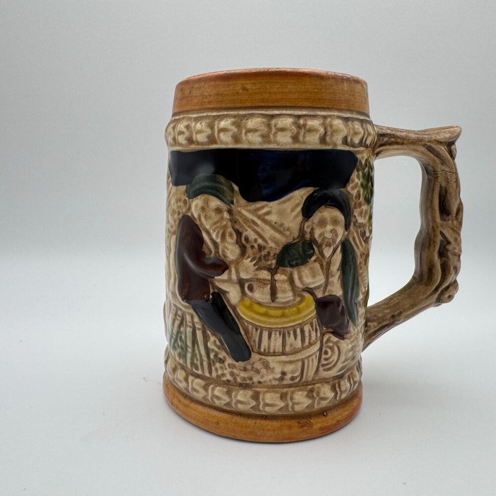 VTG Mini Beer Stein Tavern Relief Molded Japan Faux Wood Handle German Style 5"